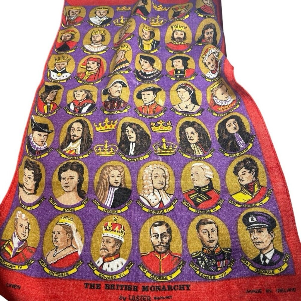Vintage Ulster Pure Linen Tea Towel 'The British Monarchy' Made in Ireland